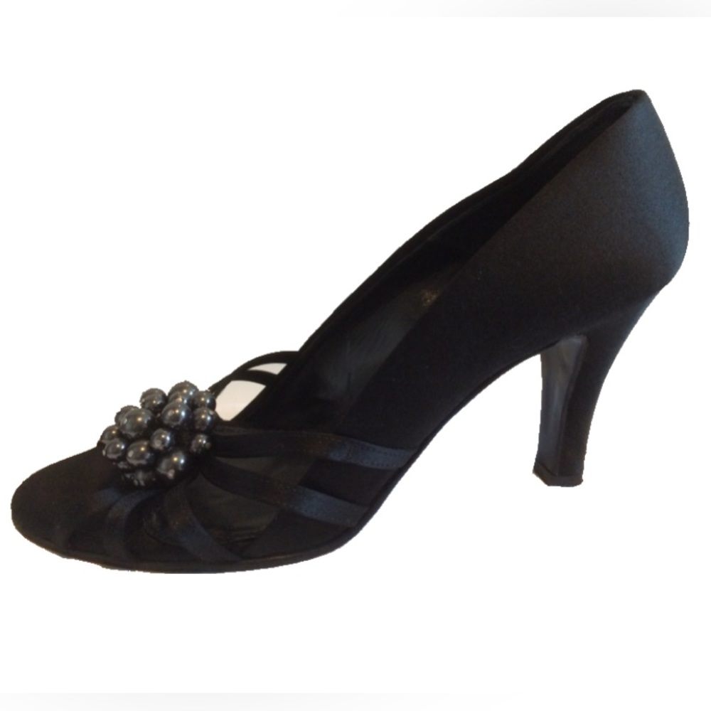 Bally evening heeled satin sandals with pearl decoration, US 9.5